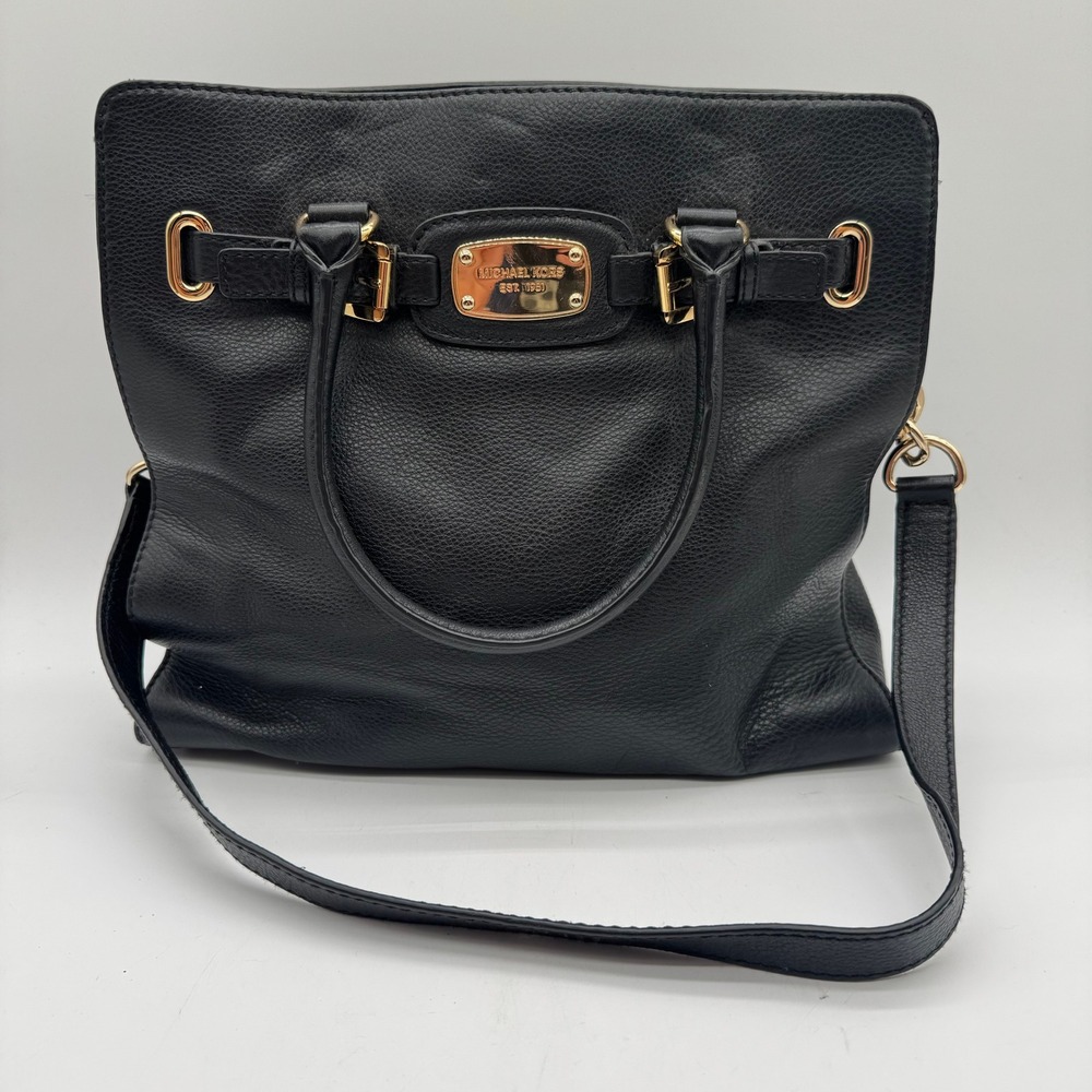 Michael Kors Black Leather Satchel Shoulder Bag Gold Hardware Crossbody Strap
